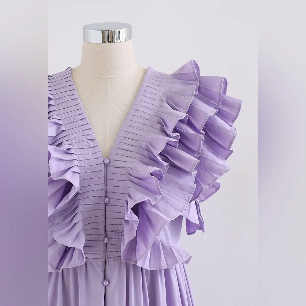 PLEATED RUFFLE BUTTONED DEEP V-NECK DRESS IN LILAC - Picture 8 of 14